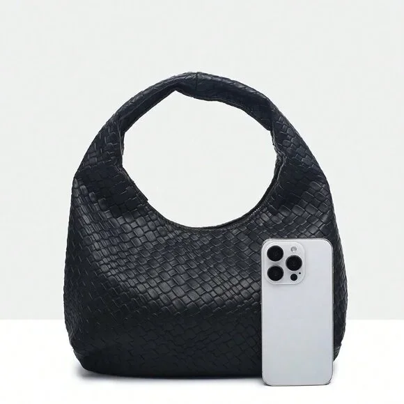 Black Casual Women's Leisure Faux Woven Leather Shoulder Bag - Picture 6 of 6